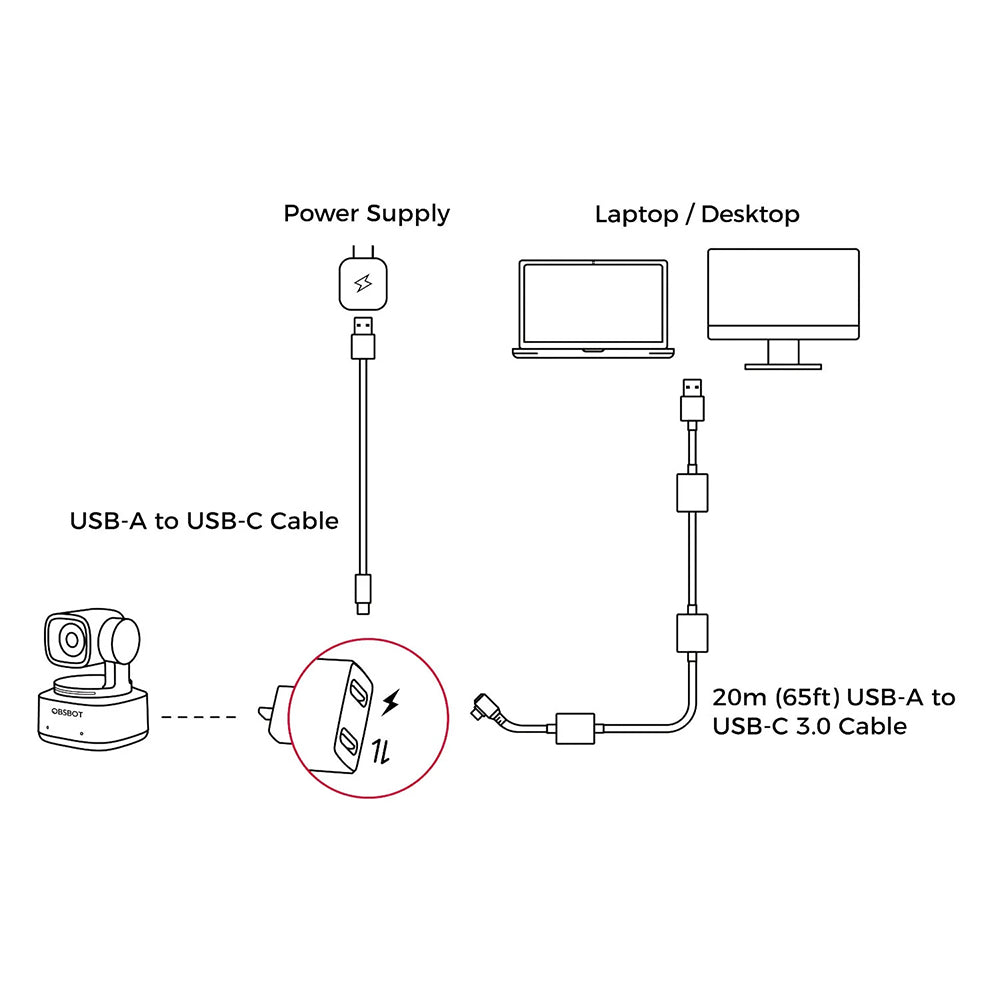 OBSBOT 20m USB 3.0 USB-A To USB-C Cable For OBSBOT Tail Air / Tiny 2 Cameras