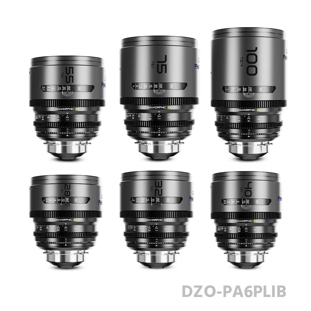 DZOFILM 28/32/40/55/75mm T2.1 & 100mm T2.4 Pavo 2x anamorphic Prime Cine Lens 6 Lens Set PL&EF mount