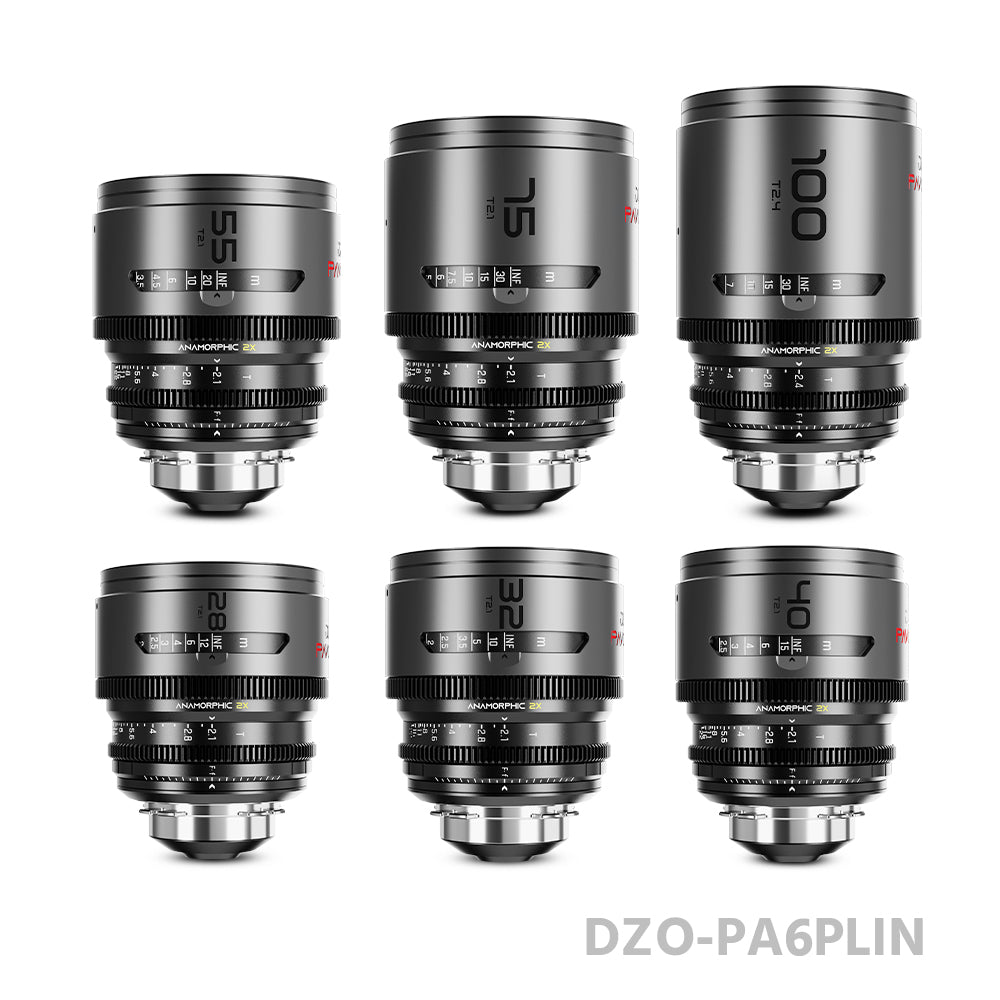 DZOFILM 28/32/40/55/75mm T2.1 & 100mm T2.4 Pavo 2x anamorphic Prime Cine Lens 6 Lens Set PL&EF mount