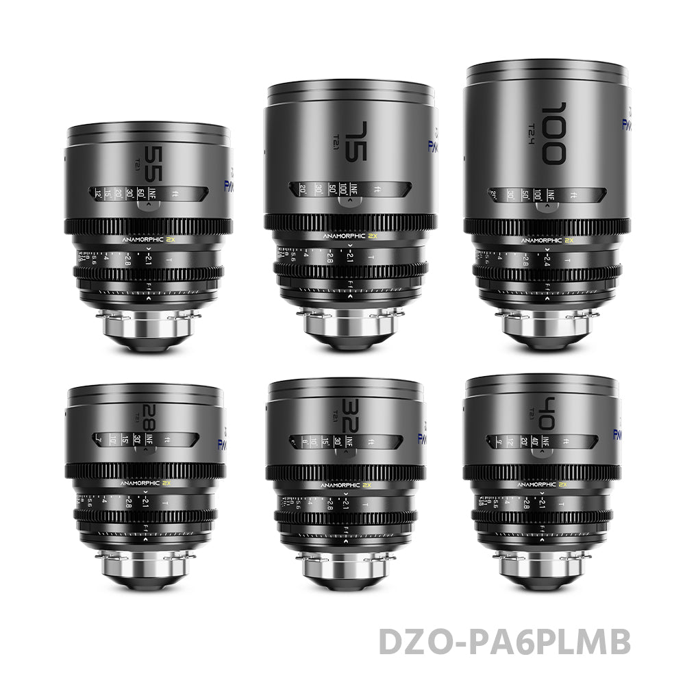 DZOFILM 28/32/40/55/75mm T2.1 & 100mm T2.4 Pavo 2x anamorphic Prime Cine Lens 6 Lens Set PL&EF mount