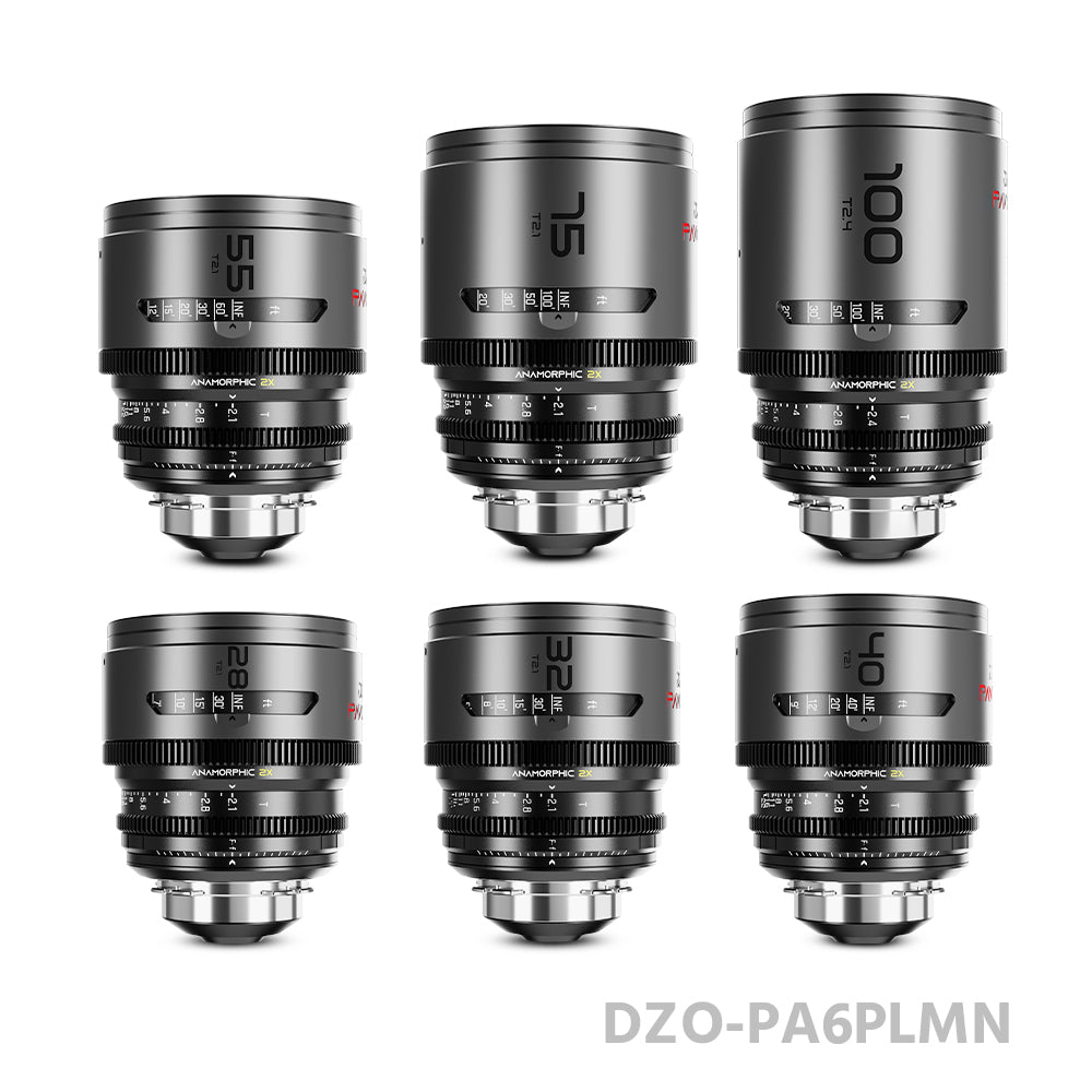 DZOFILM 28/32/40/55/75mm T2.1 & 100mm T2.4 Pavo 2x anamorphic Prime Cine Lens 6 Lens Set PL&EF mount