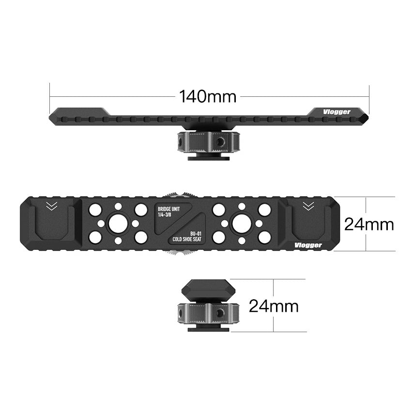 Vlogger Dual Cold Shoe Bracket Extension Bar with Built-in 1/4" and 3/8" Threads