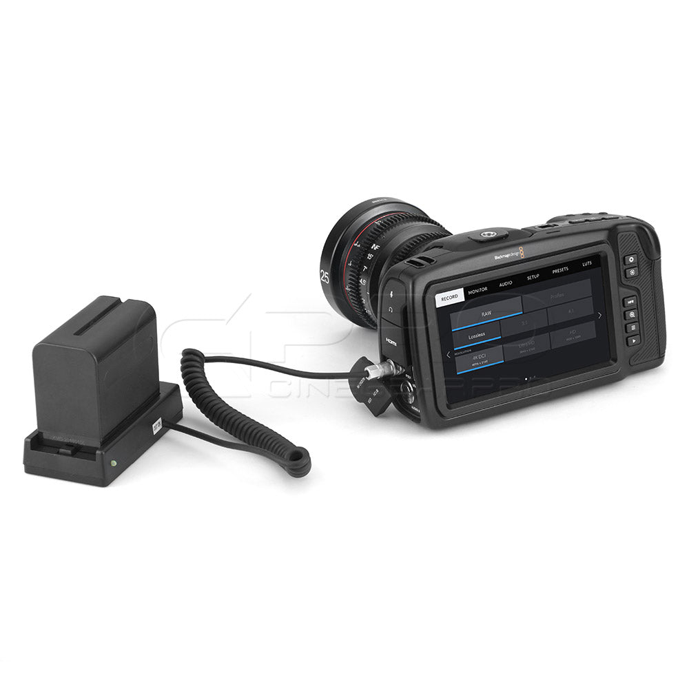 CGPro NP-F Battery Plate w/ BMPCC 4K Coiled Power Cable 12V Battery Plate - CINEGEARPRO