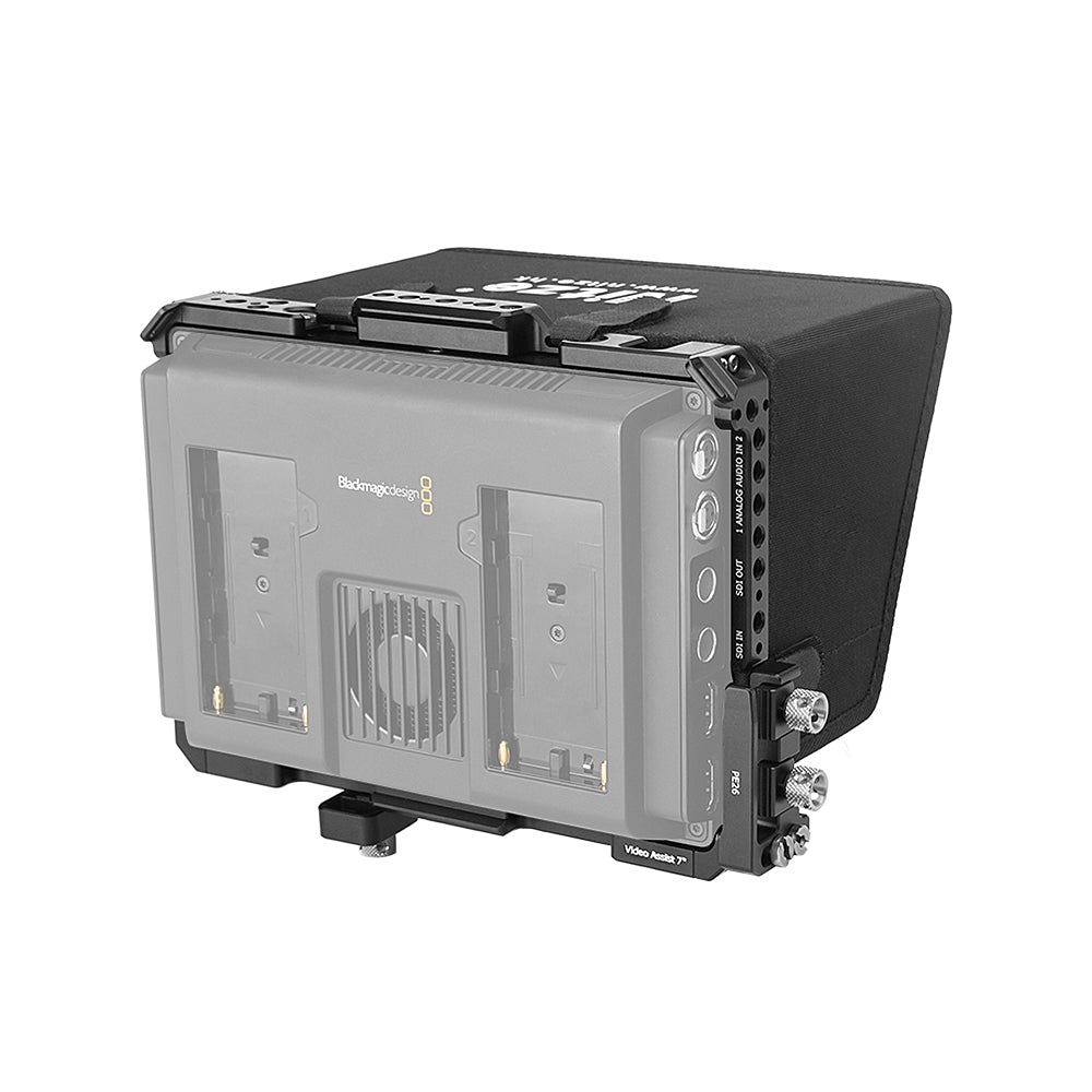 Nitze JT-B02B Monitor Cage for Blackmagic Video Assist 7” 12G HDR with Sunhood, HDMI and USB-C Cable Clamps