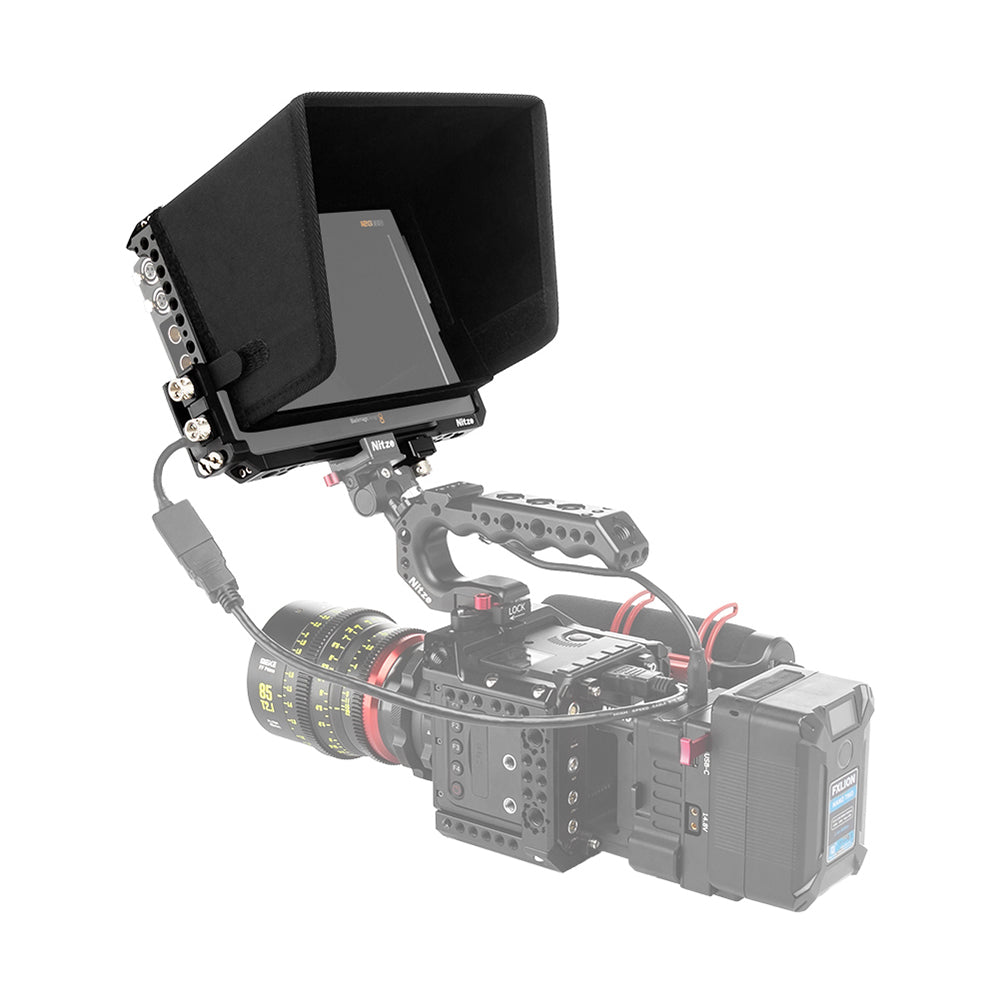 Nitze JT-B02B Monitor Cage for Blackmagic Video Assist 7” 12G HDR with Sunhood, HDMI and USB-C Cable Clamps
