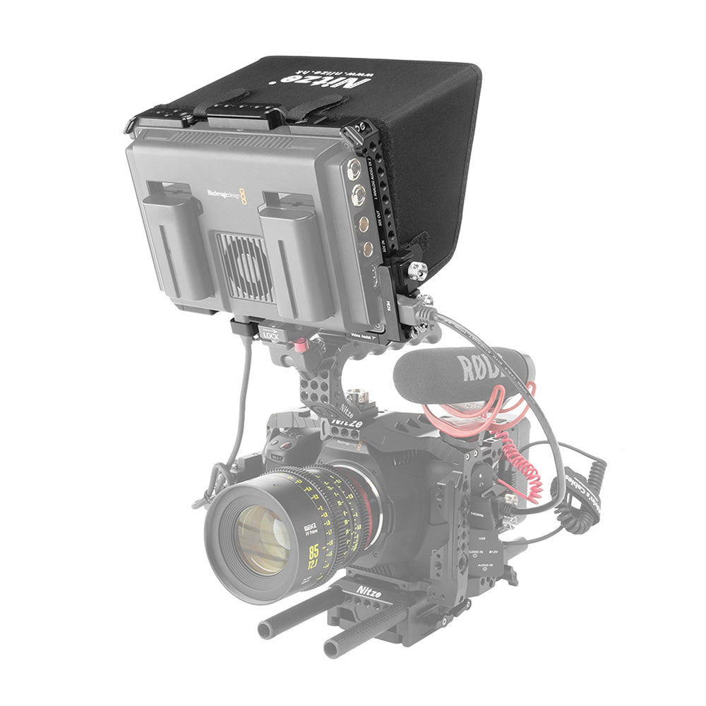 Nitze JT-B02B Monitor Cage for Blackmagic Video Assist 7” 12G HDR with Sunhood, HDMI and USB-C Cable Clamps