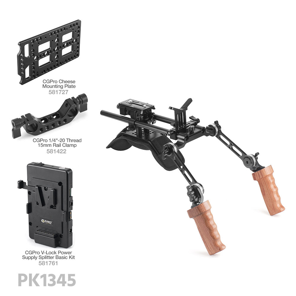 CGPro Pro Camcorder Shoulder Rig With Manfrotto QR Base Plate & ARRI Rosette Wooden Dual Handgrip