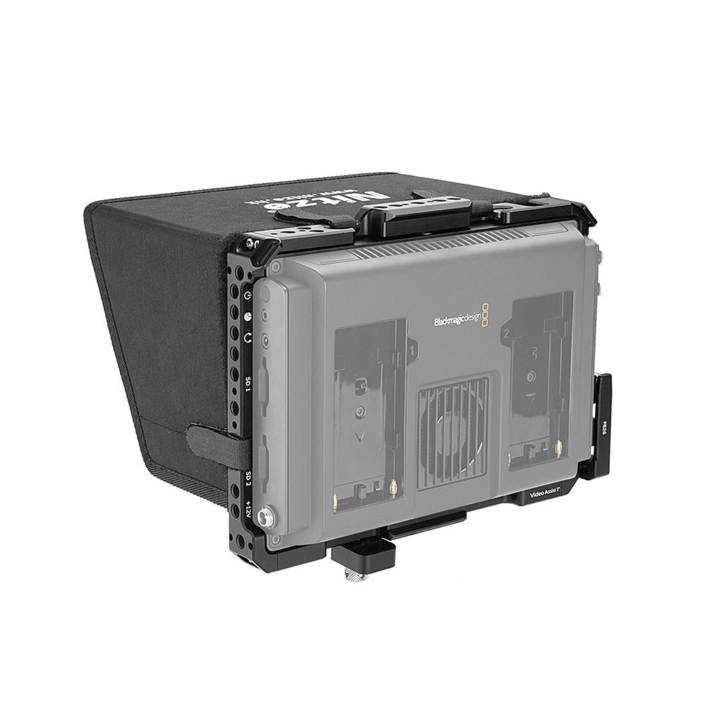 Nitze JT-B02B Monitor Cage for Blackmagic Video Assist 7” 12G HDR with Sunhood, HDMI and USB-C Cable Clamps