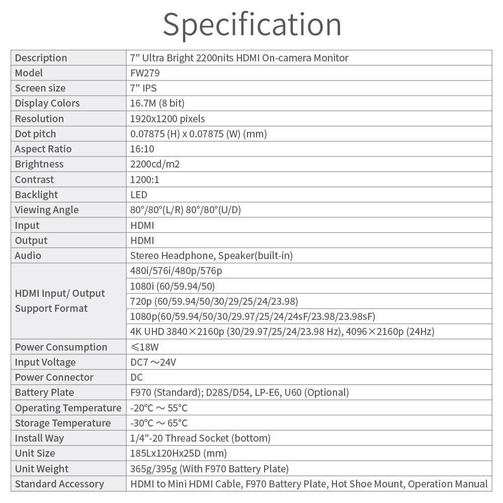 FEELWORLD FW279 7 Inch Ultra Bright 2200nit Daylight Viewable Field Monitor 4K HDMI In Out Monitor - CINEGEARPRO