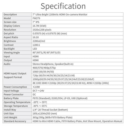 FEELWORLD FW279 7 Inch Ultra Bright 2200nit Daylight Viewable Field Monitor 4K HDMI In Out Monitor - CINEGEARPRO