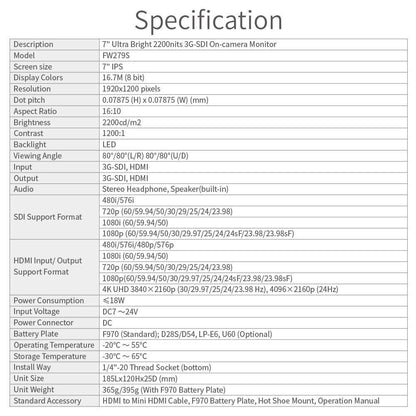 FEELWORLD FW279S 7 Inch 2200nit Daylight Viewable Monitor 3G-SDI 4K HDMI In/Out Monitor - CINEGEARPRO